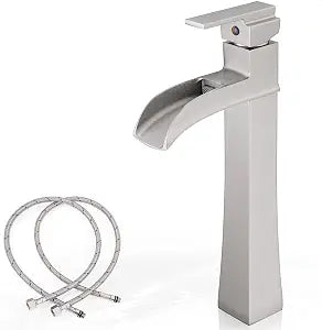 Vessel Sink Faucet Brushed Nickel, Brass 12 Inch Waterfall Bathroom Faucet, Modern Single Hole Bathroom Faucets, Single Handle Tall Faucet for Bathroom Sink Without Pop-Up Drain, Saving Water