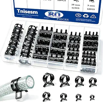 Tnisesm 80Pcs Spring Band Hose Clamps Assortment Kits Silicone Vacuum Hose Pipe Clamp 7mm 9mm 10mm 11mm 14mm 15mm 16mm 18mm Low Pressure Air Clip Clamp(Black)