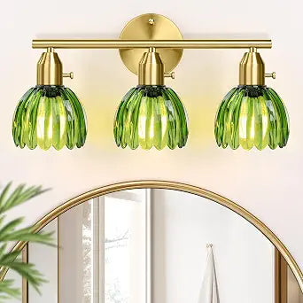 Bathroom Light Fixtures - 3-Light Gold Vanity Lights with Green Tulip Glass Shade, Brass Bathroom Lighting Fixture Over Mirror, Vintage Vanity Wall Sconce Lamp for Kitchen Living Room Hallway