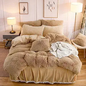 LIFEREVO Luxury Plush Shaggy Duvet Cover Set, Soft Velvet Fluffy Furry Duvet Cover Set(1 Faux Fur Fuzzy Comforter Cover + 1 Pom-poms Pillow Sham)Solid Bedding Set, Zipper Closure(Twin/Twin XL, Camel)