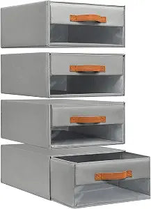 DIMJ Closet Organizers and Storage - Fabric Bins with Drawers for Closet Foldable Clothes Organizers with Clear Window, Stackable Storage Drawers Units for Bedroom, Living Room, 4-Pack, Grey