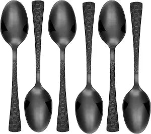 Modern Geometric Pattern Spoons Set, Matte Black Finish, 6 Piece Dining Utensils