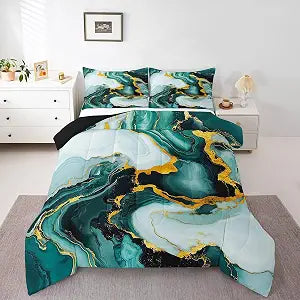 Abstract Marble Comforter Set Queen Size,Luxury Stone Texture Modern Artwork Bedding Set,Boys Girls Adults Room Decor,Golden Sequins Dreamy Down Comforter,Green Unique Duvet Insert,2 Pillowcases