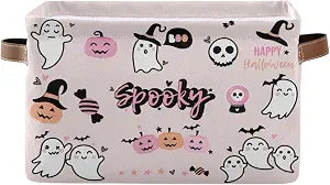 Foldable Canvas Storage Basket with Handles Halloween Cartoon Ghost Durable Storage Bin Organizer for Nursery Kids Shelves Desks Printed Canvas Storage Basket