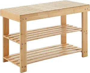 DUMOS Shoe Rack Bench with Storage, 3-Tier Bamboo Entryway Benches, Wooden Shoe Rack Holds Up to 286 lb Storage Organizer, Suitable for Bedroom Living Room Balcony, Classical Wood