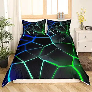Geometric Honeycomb Bedding Set Green Blue Stereoscopic Hexagon Comforter Cover for Kids Boys Girls Beehive Hexagon Duvet Cover Geometric Bed Set Room Decor Quilt Cover Full Size (No Comforter)