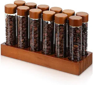 12-Pack Single Dose Coffee Bean Storage Tubes with Pine Wood Stand  Airtight Glass Vials for Fresh Coffee, Tea, and Spices (2 oz, Clear/Brown)
