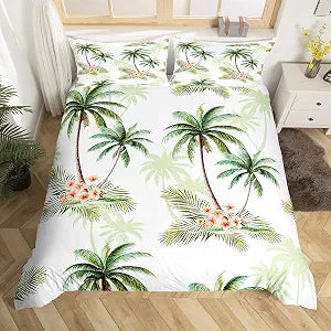 Erosebridal Palm Tree Bedding Set Vintage Red Flower Duvet Cover Hawaiian Tropical Leaves Comforter Cover Plant Petals Green Branches Bedspread Cover for Kid Adult, Decor 3 Pcs Full Size