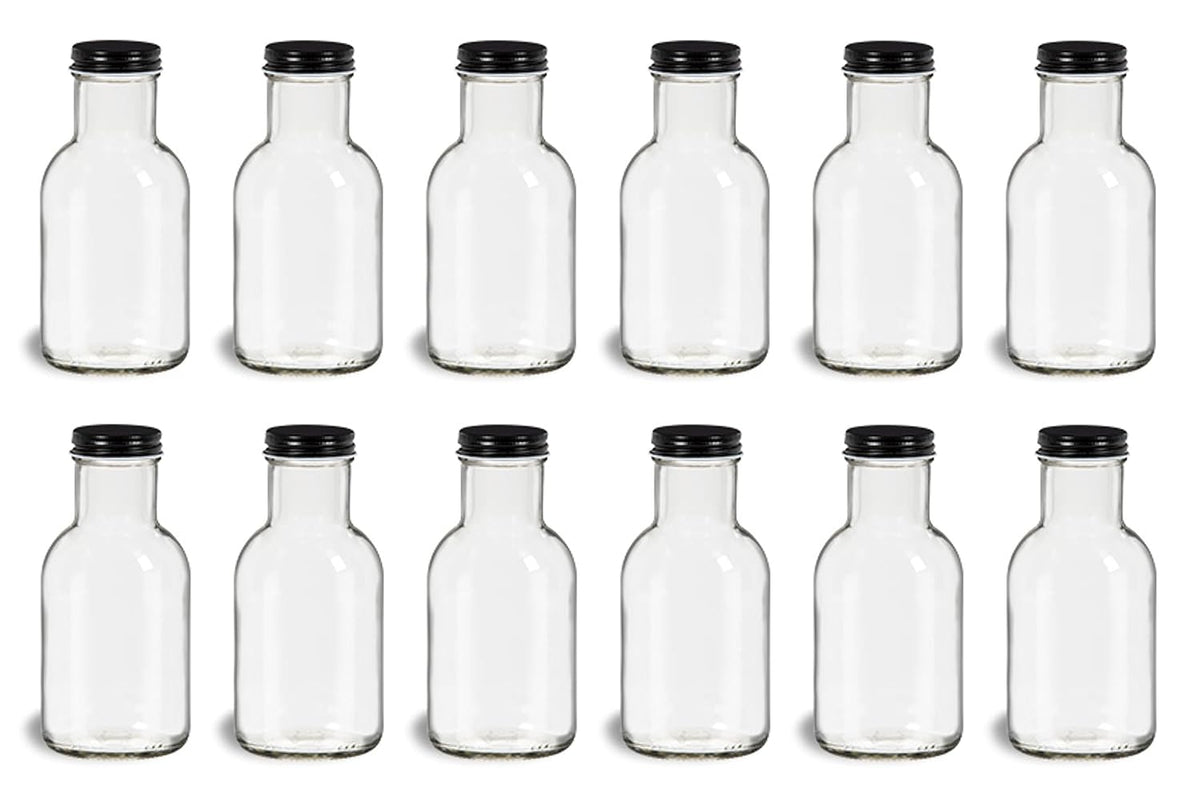 North Mountain Supply 8 Ounce Glass Stout Sauce Bottle - with 38mm Black Metal Lids - Case of 12