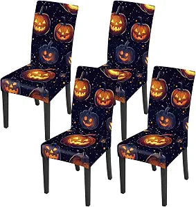 ANNA QUEEN Halloween Chair Covers for Dining Room Kitchen Set of 4  Spooky Jack-O'-Lantern Washable Stretch Slipcovers for Dining Chairs
