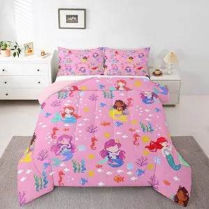 Feelyou Mermaid Princess Comforter Set All Season Cute Mermaid Bedding Set with 2 Pillow Cases Ocean Marine Microfiber Kids Full Bedclothes Fish Scales Print Bedroom Decor Duvet Quilt Soft