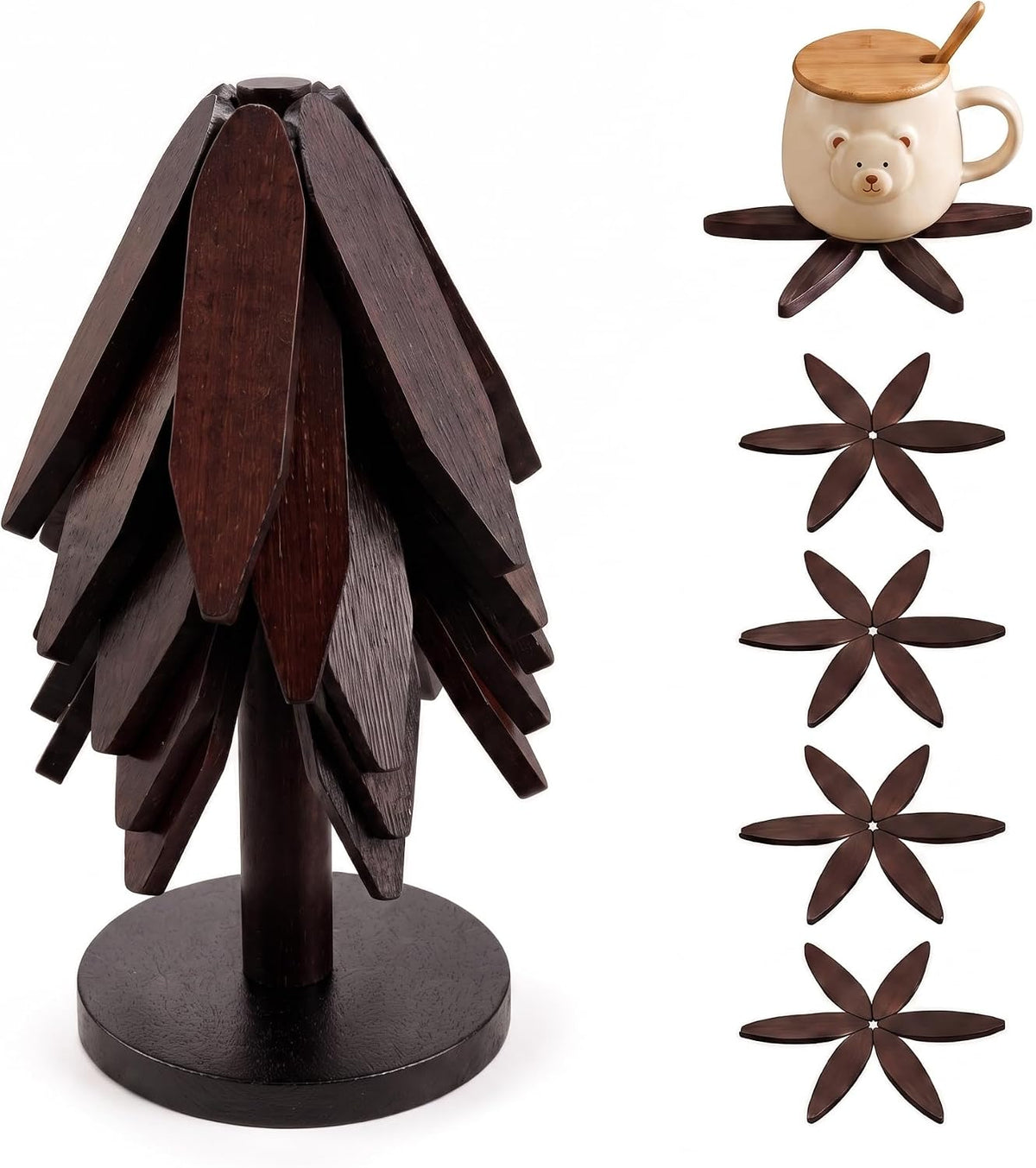 Black Walnut Wooden Trivet Set with Storage Stand