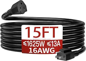 Skrizcable 16/3 15 FT Outdoor Extension Cord Waterproof, Black Power Cord