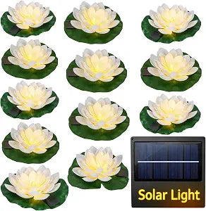 12PCS Floating Lotus Flower Solar Pool Lights with Lily Pads (White)