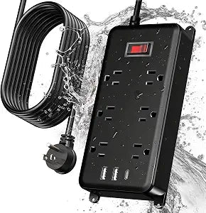 Outdoor Power Strip Weatherproof, 6FT Outdoor Extension Cord - 6 Outlets -Waterproof Surge Protector, Shockproof Overload Protection Electrical Outlet for Home/Outdoor Patio, Christmas Lights (6FT)
