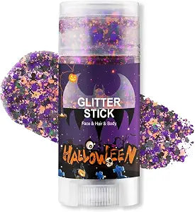 Halloween Body Glitter Stick, Black Orange Purple Sequin Hair Glitter for Rumi Costume Cosplay and Tattoos Makeup, Chunky Glitter Face Paint, Waterproof Face Glitter Gel for Glirs and Women