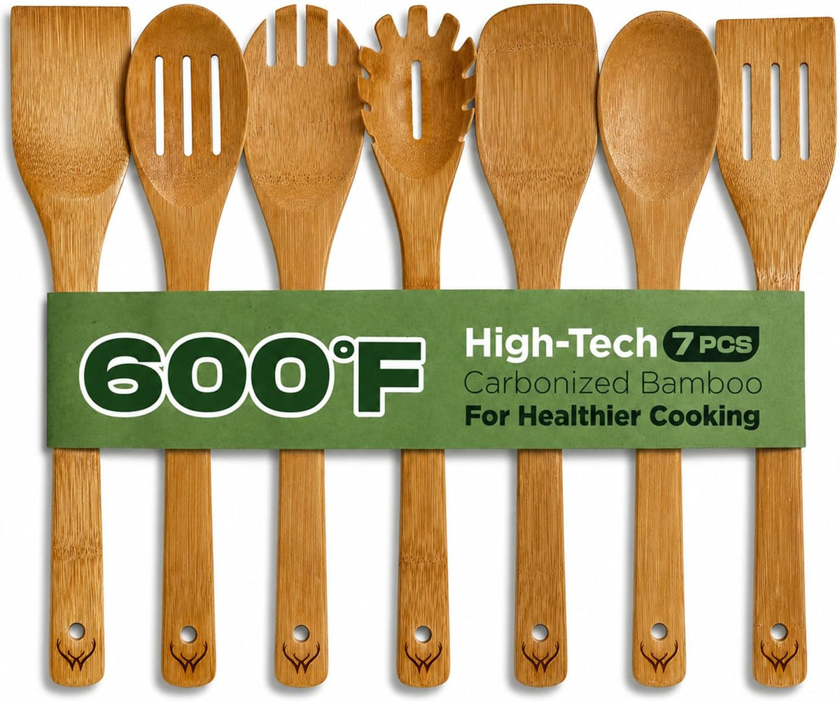 Prime Bamboo Wooden Spoons for Cooking Set of 7 Pcs - Wooden Cooking Utensils with Long Handle, Includes Flat Wood Spoon, Bamboo Spatula, and Slotted Spoon for Kitchen Utensils Set