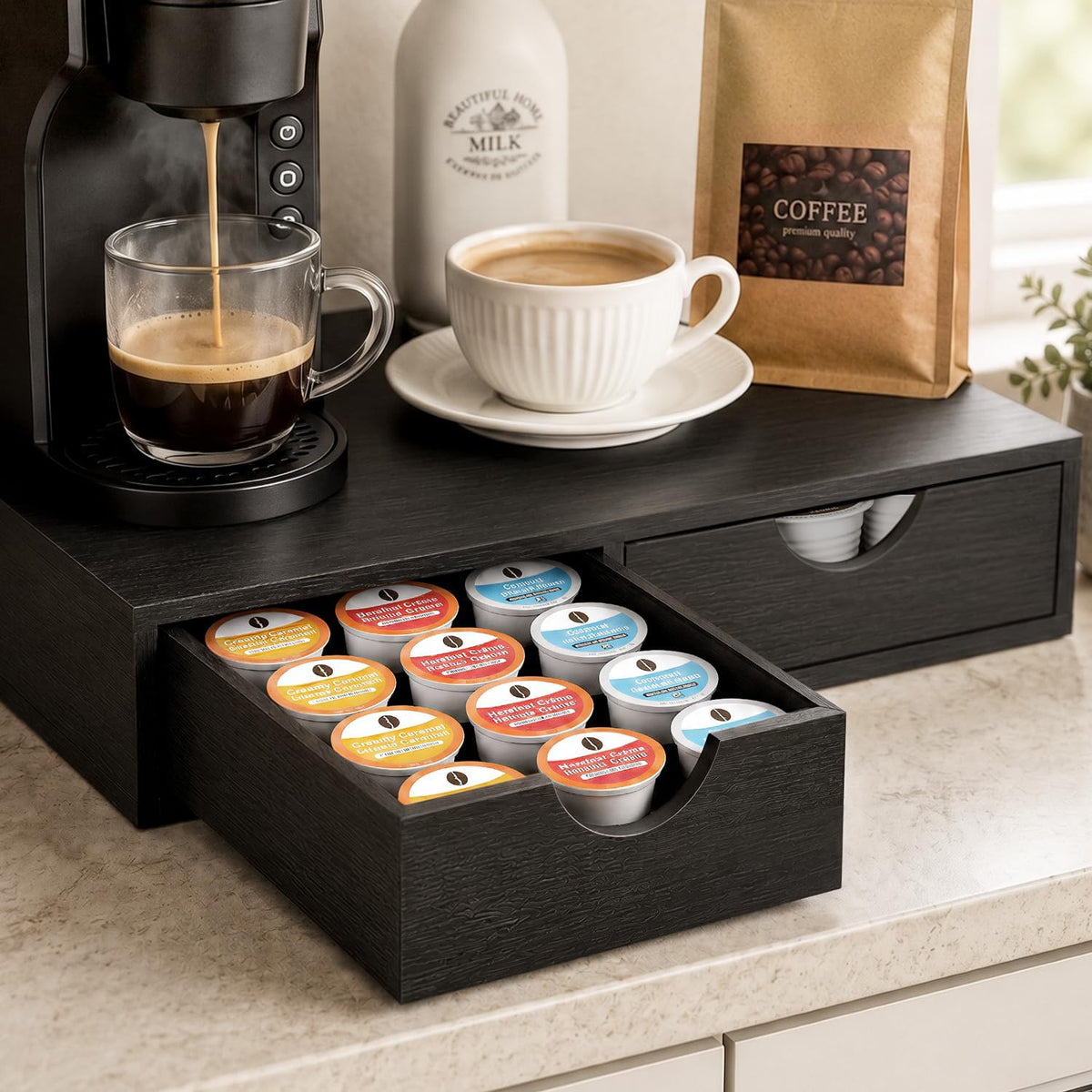 Mustry Wooden K Cup Holder, 36 Pod Capacity, Black K Cup Drawer Organizer