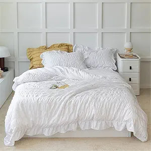 SOUKECHY White Ruffled Bedding-2 Pieces Twin Seersucker Duvet Cover Textured Stripe Style, Soft Lightweight, Washed Microfiber, Zipper Closure and Ties