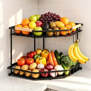 2 Tier Corner Fruit Basket for Kitchen Counter With 2 Banana Hangers