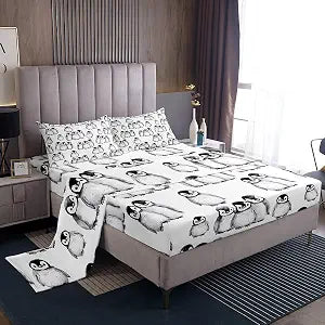 Penguin Bed Sheets Full Size For Kids Boys Girls Antarctic Animal Sheet Set Cartoon Penguin Illustration Fitted Sheet For Children Teens Adult Grey White Black Flat Sheet 4Pcs With 2 Pillow Cases