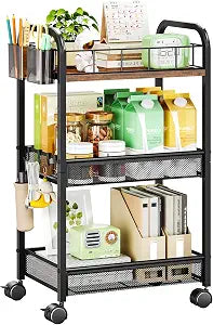 HapiRm 3 Tier Metal Rolling Cart- Utility Storage Cart with Locking Wheels