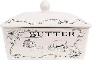 Creative Co-Op Country Stoneware Butter Dish with "Spread the Love" Message and Farm Landscape Design, White and Black