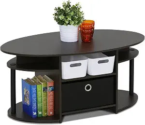 Furinno Jaya Simple Design Oval Coffee Table with Bin for Living Room, Walnut