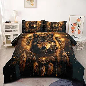 CCoutueChen Wolf Bedding Set King Size Black Gold Boho Dreamcatcher