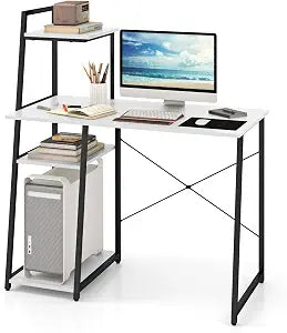 GIANTEX Computer Desk with Shelves, 47.5 Home Office Desk with Bookshelf, Host Stand, Metal Frame, PC Laptop Workstation, Modern Study Writing Desk for Bedroom, Small Space (White & Black)