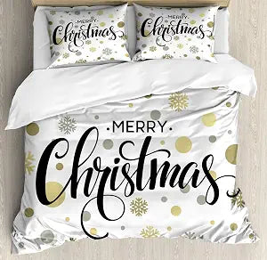 Ambesonne Christmas Duvet Cover Set, Merry Christmas Lettering on an Abstract Modern Snowflake Dot Pattern, Decorative 3 Piece Bedding Set with 2 Pillow Shams, Queen Size, Black Beige
