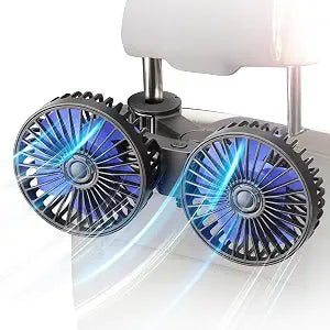 Car Fan for Backseat, Dual Head USB Vehicle Seat Fans, 3 Speeds Strong Wind 360 Rotatable Auto Rear Headrest Fan for Car, Air Circulation Automotive Fans with Adjustable Clip for All Models
