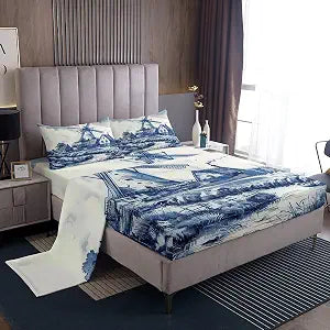 Erosebridal Vintage Dutch Windmill Bed Sheets Queen Size Delft Blue Farm Bedding Set Rustic Farmhouse Sheets with Deep Pocket