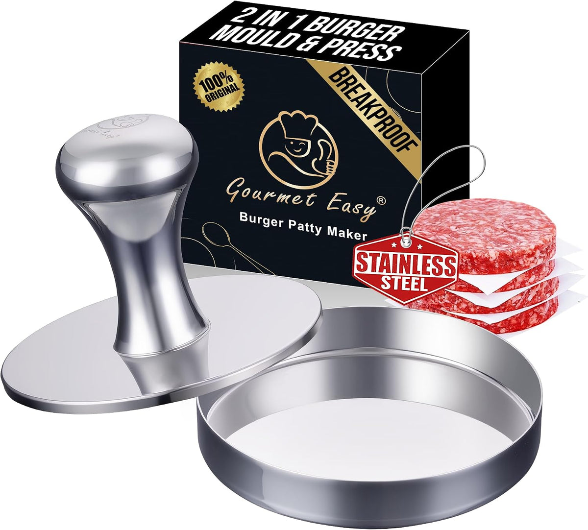 Gourmet Easy Hamburger Press Patty Maker & Smash Burger Press, 2-in-1 Combo