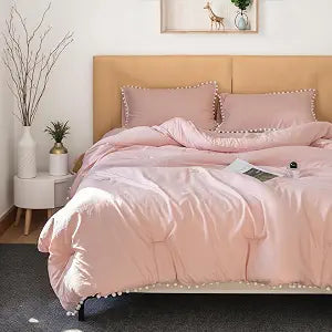 Bedbay Pom Pom Comforter Set Twin Size Pink Girly Bedding Set Boho Farmhouse Bedding 2 Pcs Cute Ball Fringe Super Soft Comforter for Boys Girls 1 Pom Comforter 2 Pillowcases