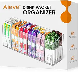 AIEVE Drink Packet Organizer, Water Drink Packet Holder with Removable Divider, Water Flavor Packet Organization Container for Kitchen Organizers and Storage (6 Compartments)