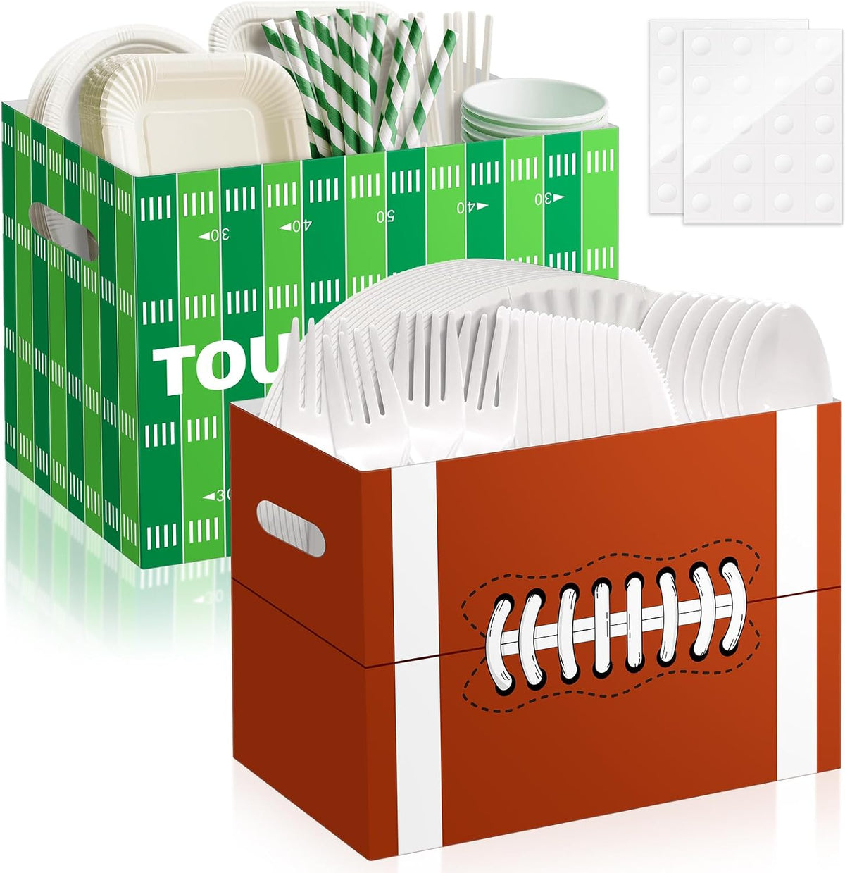 2PCS Football Utensil Holder Paper Utensil Caddy for Football Party Supplies Cutlery Holder with Handles Green Brown Party Favors Snack Box Disposable Cutlery Caddy for Sports Birthday Decorations