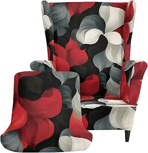 Abstract Floral 2 Piece Stretch Wingback Chair Slipcover Red Black Furniture Protectors for Couch Washable Wing Backed Armchair Cover