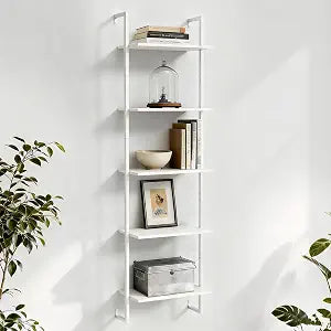 5 Tier Industrial Ladder Bookshelf 15.74" Dx9.44 Wx62.99 H, Wall Mounted Bookcase with Metal Frame for Home Office, Living Room, StudyWhite