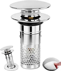 3 in 1 Bathroom Sink Drain Strainer, Pop Up Sink Stopper with Removable Stainless Steel Hair Catcher Filter Basket, Universal Brass Core Sink Plug for 1.3"~1.57" Basin Tub Drain