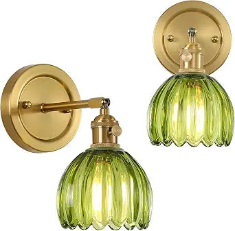 Vintage Wall Sconces Tuilp Green Glass Lights Set of 2 for Bedside