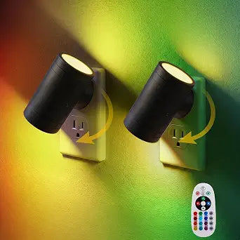 Horta Night Lights Plug into Wall 2 Pack, RGB 12-Color Changing Plug in Night Light with Remote, Dusk to Dawn Sensor, 0-100LM Dimmable Night Lights for Hallway Bedroom Stairway