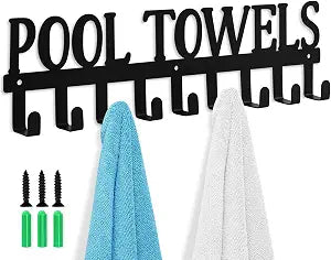 Pool Towels Hook Metal Towel Hanger Outdoor Hot Tub Towel Rack Wall Mount 9 Hook Holder for Bath Towel Robe Swimsuit Coat Beach Towel Bag Keys