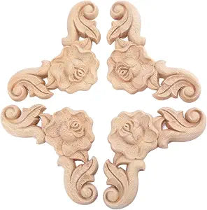 4Pcs Wooden Carved Rose Appliques Onlays, Furniture Corner Carvings Decals