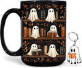 Hyturtle Cute Ghost Read Book Mug - Black Coffee Cup Ceramic Mug 15 Oz And Keychain - Book Gifts For Women Lover - Bookish Gift For Bookworm Librarian - Inspirational Librarian Present For Halloween