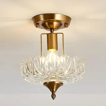 UOFUS Vintage Gold Semi Flush Mount Ceiling Light Fixture with Clear Glass Shade Antique Brass Small Chandelier Flower Close to Ceiling Light for Hallway Entryway Bedroom Porch Foyer Corridor Kitchen