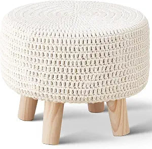 13" Round Handmade Cotton Knitted Boho Small Ottoman with Non-Skid Wood Leg