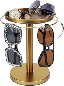 kondyfayo 360 Rotating Sunglass Organizer Storage, Stainless Steel Glasses Holder Stand, Glasses Organizer with Tray for Desk, Dresser, Tabletop, Nightstand and Home Decor (Gold)
