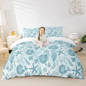 Seashell Conch Starfish Coral Duvet Cover Set Queen Size,Coastal Ocean Beach Bedding Set 3Pcs,Underwater Life Print Comforter Cover Navy Blue Tie Dye Quilt Cover for Kids Teens Adult Bedroom Decor