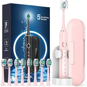 Rtauys M5 Sonic Electric Toothbrush for Adults and Kids - Rechargeable Electric Toothbrush Kids Ages 12+ and Adults with 8 Brush Heads & Travel Case, 120 Days Battery Life - Pink
